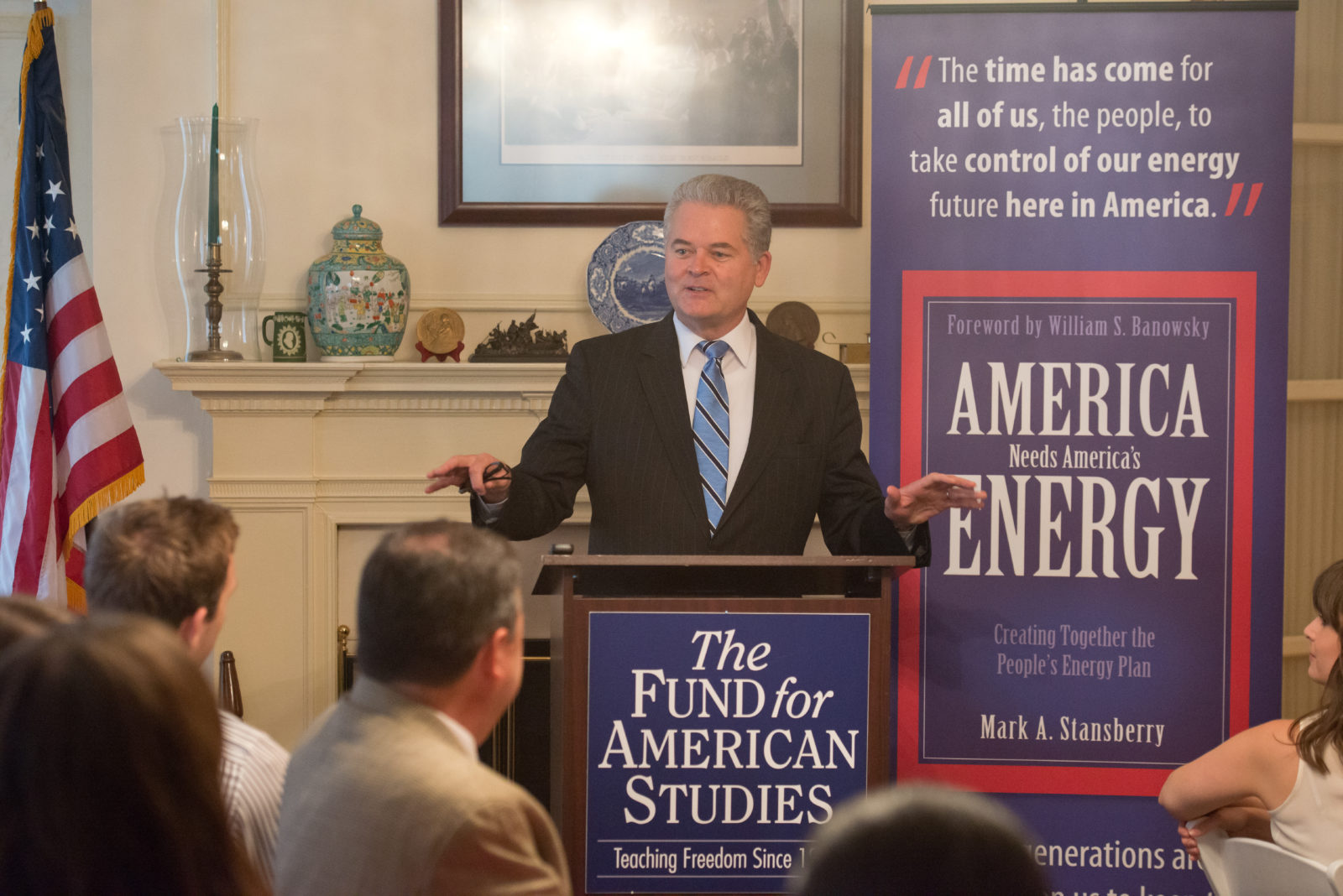 Mark Stansberry (E 76) discusses his new book America Needs America's Energy: Creating Together the People's Energy Plan at a launch party held at TFAS Headquarters.