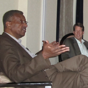 TFAS President Roger Ream (r.) moderates a Q&A session with Economist Walter Williams (l.) of George Mason University during the journalism fellows conference.