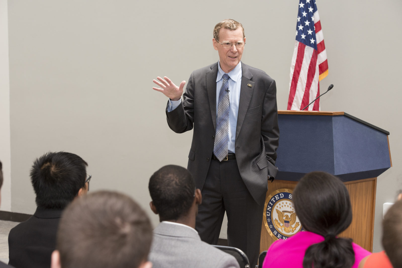 John Allison, president of the Cato Institute, speaks to students about the pursuit of happiness and human flourishing on June 25 at the Hart Senate Office Building