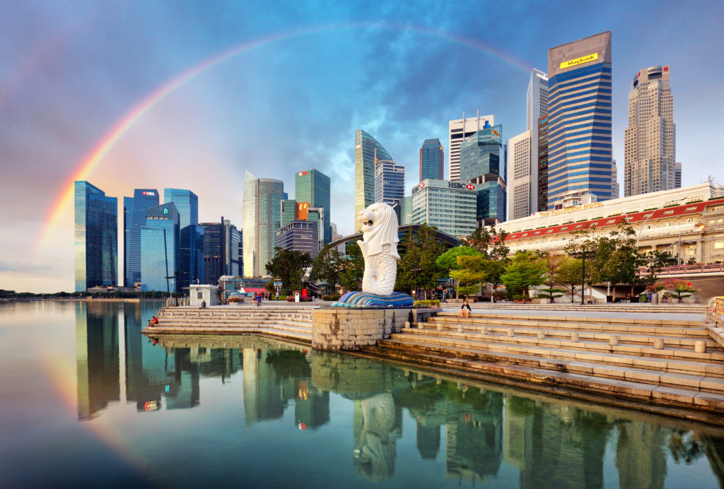SINGAPORE - OCTOBER 11: Singapore - Merlion fountain with rainbow in