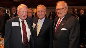 Former Attorney General Ed Meese, former Secretary of Defense Donald Rumsfeld and Feulner at the 2011 Robert Novak Journalism Awards Dinner at the National Press Club. 